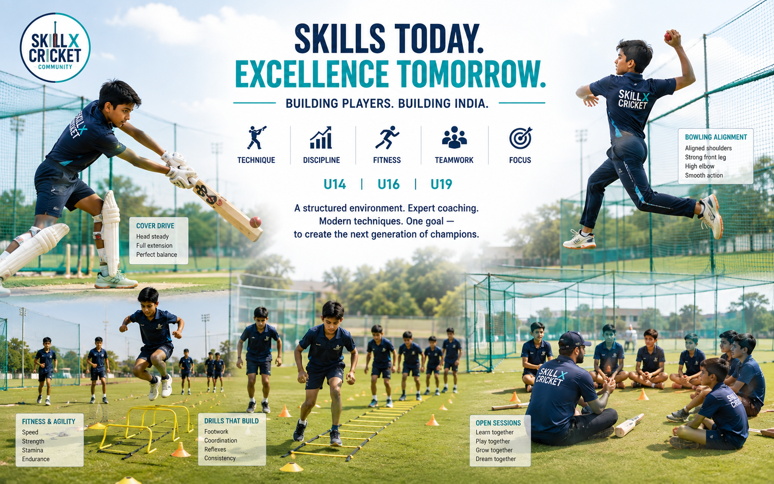 SkillX Cricket Community — Skills today. Excellence tomorrow. Building players. Building India. Technique, discipline, fitness, teamwork, focus. U14, U16, U19.